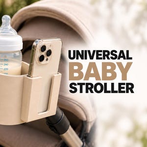 Könnte beinhalten: Ein beigefarbener, universeller Kinderwagen-Getränkehalter mit integriertem Smartphone-Fach, befestigt am Kinderwagengriff. Der Halter enthält eine klare Kunststoff-Babyflasche mit weißem Deckel und ein Smartphone. Text rechts: UNIVERSAL BABY STROLLER.