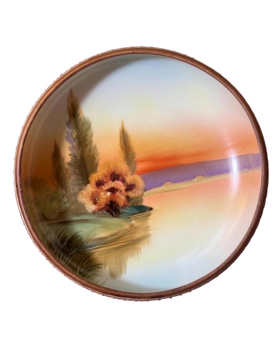 明治期里帰りノリタケM-JAPAN印 HANDPAINTED 湖夕焼け風景花瓶