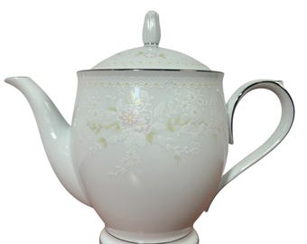 Vintage Noritake Temptation Teapot, Pink Floral Platinum Trim, Fine China 4-Cup