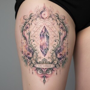 May include: A tattoo featuring a central vertical crystal surrounded by intricate filigree, floral elements, and geometric lines. The design includes a crescent moon at the top and a banner at the bottom with the text EX LIBRIS in black ink.