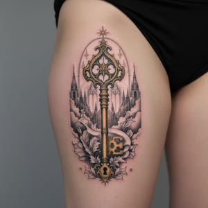 May include: A tattoo design featuring an ornate gold-toned key centered vertically. The key is surrounded by a black and gray illustration of a gothic cathedral with pointed spires, clouds, and leafy foliage. A small keyhole is at the base.