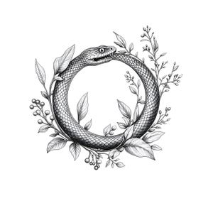 Könnte beinhalten: Detaillierte Schwarz-Weiß-Illustration eines Ouroboros, einer Schlange, die ihren eigenen Schwanz frisst und einen Kreis bildet. Die Schlange ist von detaillierten Blättern, Beeren und Zweigen umgeben, die einen natürlichen Rahmen bilden. Das Kunstwerk ist auf weißem Hintergrund.