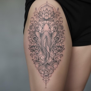 May include: A detailed black and white tattoo design featuring a koi fish surrounded by lotus flowers and ornate scrollwork. The tattoo is on a person's thigh, with the design extending from the upper thigh to the knee area.