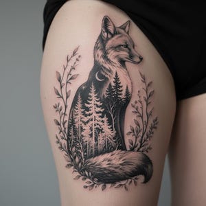 May include: A black and white tattoo design of a fox, with a forest scene incorporated within its form. The design includes a crescent moon, stars, and a leafy border, creating a nature-themed artwork.
