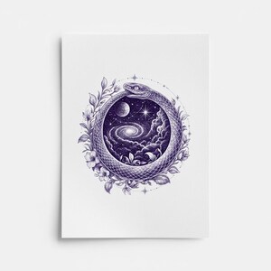 Ouroboros Snake Galaxy Tattoo Design | Celestial Serpent Moon Stars Digital Stencil Flash Art