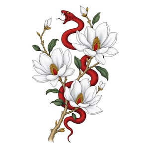 May include: An intricate illustration featuring a red snake coiled around white magnolia flowers and green leaves. The snake is depicted with an open mouth. The flowers have yellow centers, set against a white backdrop.