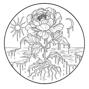 May include: Black and white illustration of a peony flower with dripping water effects, sun, and moon inside a circular frame. The flower has detailed petals, leaves, and roots. The sun and moon also have dripping effects.