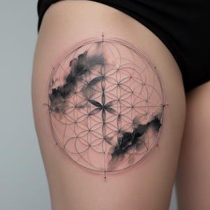 Könnte beinhalten: Ein schwarz-graues Tattoo auf dem Oberschenkel. Das Design zeigt ein geometrisches Muster aus sich kreuzenden Kreisen mit einer zentralen blütenartigen Form. Dunkle, wolkenartige Aquarellelemente sind in das Design integriert und verleihen dem Tattoo Tiefe und Kontrast.