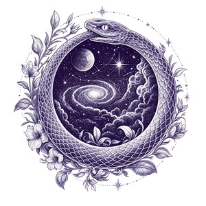 Ouroboros Snake Galaxy Tattoo Design | Celestial Serpent Moon Stars Digital Stencil Flash Art