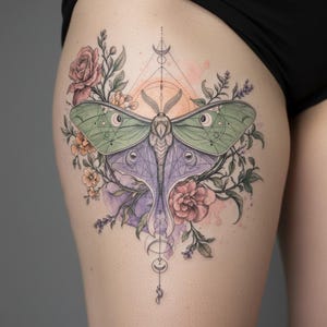 May include: A colorful tattoo design featuring a large moth with green and purple wings, surrounded by flowers and foliage. The design includes geometric shapes and crescent moon details, with a watercolor effect.