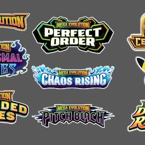 May include: A collection of nine graphic logos featuring the text Mega Evolution, Perfect Order, 30th Celebration, Phantasmal Flames, Chaos Rising, Ascended Heroes, Pitch Black, and Delta Reign, alongside a yellow Pikachu silhouette with the numbers 3 and 0.