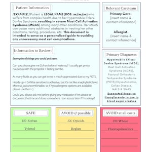 May include: A medical safety plan titled "Mast Cell Safety Plan" with a yellow triangle warning symbol. The document includes sections for patient information, relevant care team, primary diagnoses, and medication guidelines, with examples of safe and avoided medications.