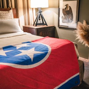 May include: A red blanket with a blue and white star design, draped over a bed. The blanket features a large white star within a blue circle, set against a red background. The bed is in a room with a lamp and artwork.