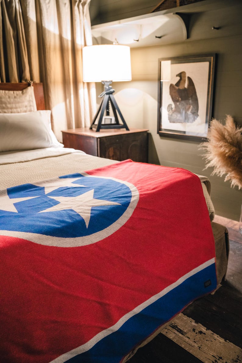 May include: A red blanket with a blue and white star design, draped over a bed. The blanket features a large white star within a blue circle, set against a red background. The bed is in a room with a lamp and artwork.