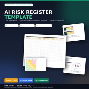Può includere: Un modello di registro dei rischi IA con interfaccia a foglio di calcolo, mappa termica dei rischi in tempo reale, metriche di probabilità e impatto autovalutate e una dashboard intelligente con cinque schede in formato .xlsx.