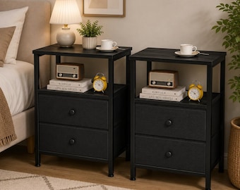 Set of 2 Bedside Tables with Fabric Drawers Modern Nightstands Storage Shelf Black White