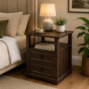 24 Inch Tall End Table with Charging Station 2 Drawers Bedside Storage Table