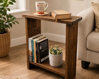 Solid Walnut Wood Side Table, Slim 2-Tier End Table, Open Shelf Nightstand