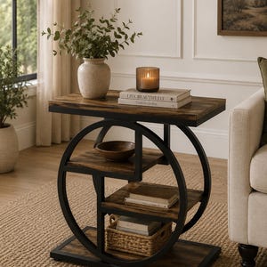 May include: A side table with a black circular metal frame and rectangular wooden shelves. The table features a top surface, two middle shelves, and a base shelf. A beige vase, a candle, and books are placed on the top and middle shelves.