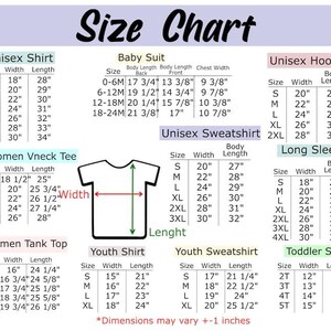 K&ouml;nnte beinhalten: Eine umfassende Gr&ouml;&szlig;entabelle f&uuml;r verschiedene Kleidungsst&uuml;cke, darunter Unisex-Shirts, Hoodies, Sweatshirts, Langarmshirts, Damen-V-Ausschnitt-Shirts, Tanktops, Jugend-Shirts, Jugend-Sweatshirts, Kleinkind-Shirts und Baby-Bodys mit Ma&szlig;en in Zoll.