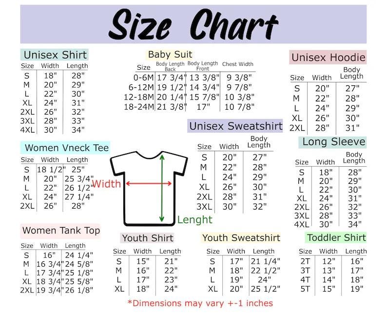 K&ouml;nnte beinhalten: Eine umfassende Gr&ouml;&szlig;entabelle f&uuml;r verschiedene Kleidungsst&uuml;cke, darunter Unisex-Shirts, Hoodies, Sweatshirts, Langarmshirts, Damen-V-Ausschnitt-Shirts, Tanktops, Jugend-Shirts, Jugend-Sweatshirts, Kleinkind-Shirts und Baby-Bodys mit Ma&szlig;en in Zoll.