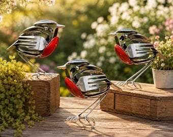 Robin Bird Metal Sculpture, Scrap Metal Bird Art, Recycled Fork Spoon Robin, Metal Bird Garden Decor, Rustic Bird Ornament, Robin Gift