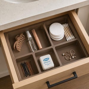 May include: A light wood bathroom drawer containing a brown plastic organizer tray with five compartments. The tray holds a beige hair claw, a clear spray bottle, a beige tube, white cotton rounds, cotton swabs, black bobby pins, Glide dental floss, and three rings.