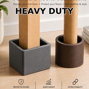 May include: A square dark gray desk riser and a round brown desk riser supporting wooden furniture legs. Text reads: SQUARE & ROUND DESK RISERS, HEAVY DUTY, PROTECTS FLOORS, ADDS HEIGHT, EXTRA STABILITY. The risers have a textured finish.