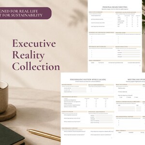 May include: A collection of printable planning templates titled Executive Reality Collection, featuring sections for Personal Board Meeting, Performance Review Myself, and Meeting Recovery Protocol, with text Designed for Real Life Built for Sustainability.