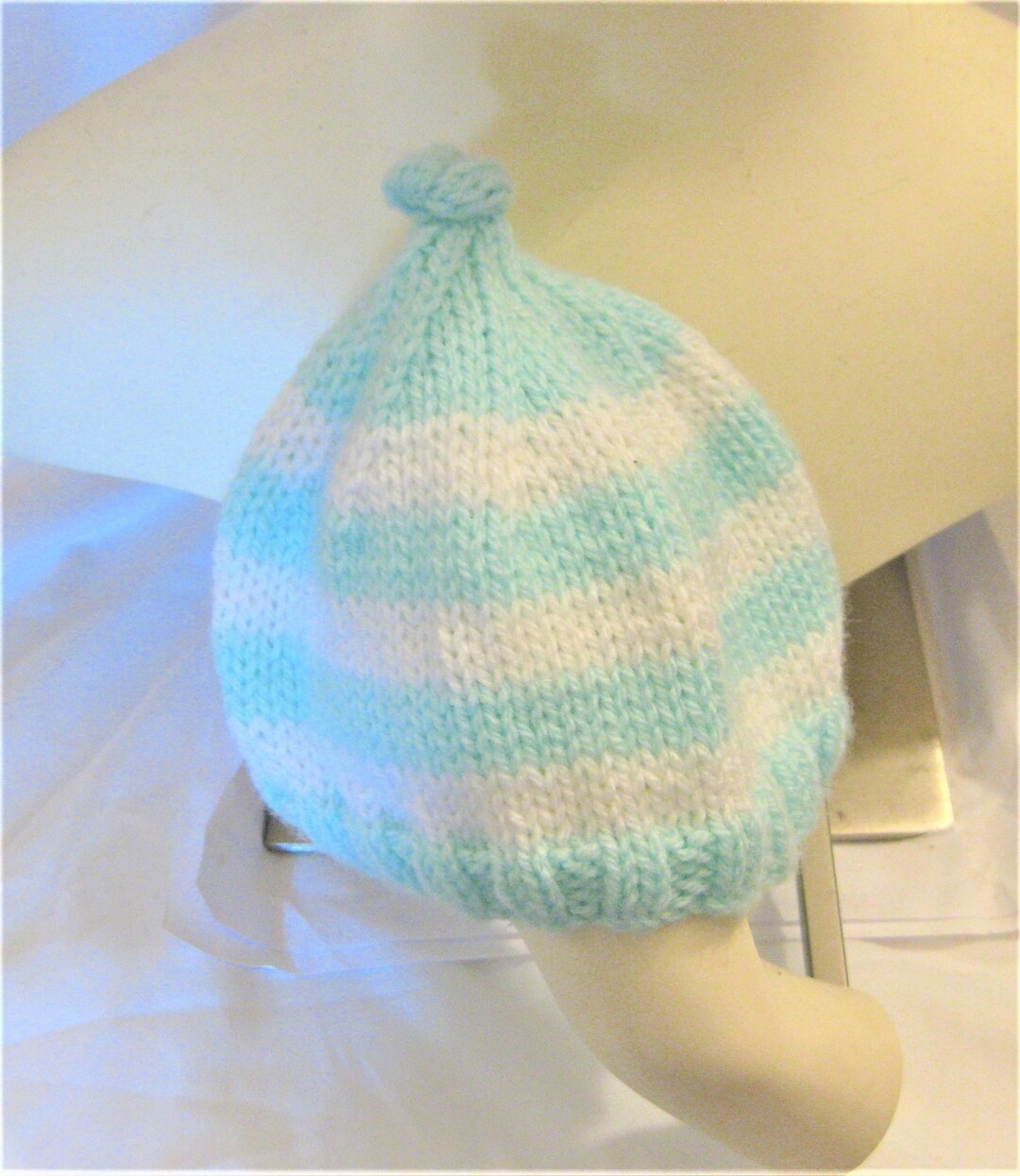 Hat Hand Knit Baby Mint Green White Topknot Newborn to 6 Mos. Etsy