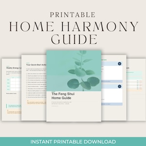 Puede incluir: Una guía de armonía para el hogar imprimible con varias páginas de listas de verificación y planificadores. La página central muestra un gráfico verde azulado de una planta con el texto The Feng Shui Home Guide y registros de energía.