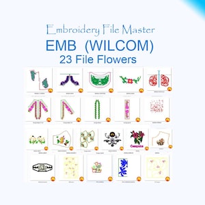 May include: A digital collection titled Embroidery File Master EMB (WILCOM) 23 File Flowers, displaying a grid of twenty-three distinct floral embroidery patterns in various colors, styles, and shapes, each marked with a small orange flame icon.