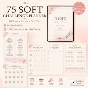 May include: A digital planner with a soft pink and white design, featuring the text "75 SOFT CHALLENGE PLANNER." Includes habit, meal, and mood trackers, plus a 75-day tracker. The planner is available in A4, A5, and 2550x3300 px sizes.