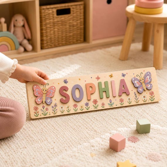 The butterfly-and-floral busy board twist lifts this above the plain name-puzzle crowd — a genuinely pretty nursery piece that doubles as a learning toy.