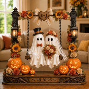 May include: A decorative tabletop display featuring two ghost figures on a swing, adorned with sunflowers and roses. The ghosts wear a top hat and veil. The base includes lit jack-o'-lanterns and the engraved text 10:10:25, with a heart sign E+J.