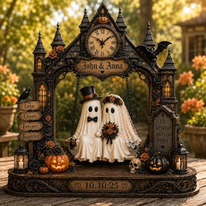 May include: A decorative Halloween-themed clock sculpture featuring two ghost figures on a swing. The structure includes the text John & Anna, Love Grows Forever Together, Til Death Do Us Part, and 10.10.25. It is adorned with pumpkins, roses, and a skull.