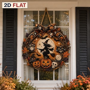 May include: A round Halloween wreath featuring a central illustration of a witch on a broomstick against a full moon. The wreath is decorated with an owl, a black cat, pumpkins, a skull, and a crystal ball, topped with a patterned bow.