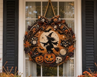May include: A round Halloween wreath featuring a central illustration of a witch on a broomstick against a full moon. The wreath is decorated with an owl, a black cat, pumpkins, a skull, and a crystal ball, topped with a patterned bow.