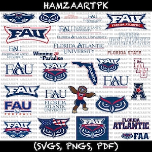 May include: A digital collection of Florida Atlantic University logos and graphics featuring the FAU owl mascot, various typography styles, the state of Florida outline, and the text Winning in Paradise, presented in blue, red, and white color schemes.