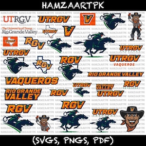 May include: A digital collection of University of Texas Rio Grande Valley Vaqueros logos, text, and mascot graphics in orange, navy blue, and white. The sheet includes various iterations of the UTRGV acronym, the Vaqueros cowboy mascot, and text.