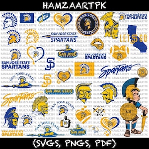 Könnte beinhalten: Eine digitale Sammlung von San Jose State University Spartans Grafiken mit blauen und goldenen Spartanerhelmen, Textlogos, Herzformen, einer Karte von Kalifornien und einem Cartoon-Spartaner-Maskottchen mit Schwert auf weißem Grund.