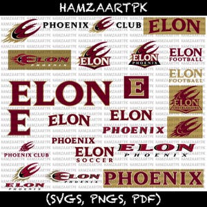 May include: A digital collection of maroon and gold Elon University logos, text, and Phoenix emblems. The graphics include various arrangements of the word ELON, PHOENIX, and CLUB, alongside stylized bird icons, all set against a repeating watermark.