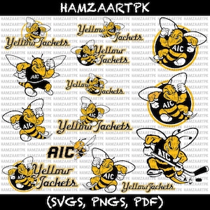 Può includere: Una collezione digitale di grafiche della mascotte Yellow Jackets con un personaggio vespa giallo e nero con il testo AIC. I design includono varie pose della mascotte, alcune con attrezzatura da hockey, e il testo Yellow Jackets.
