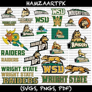 May include: A collection of digital graphic designs featuring the Wright State Raiders logo, including various wolf mascots, the WSU acronym, and text elements in green, gold, and black. The designs include the text HAMZAARTPK and SVGS, PNGS, PDF.