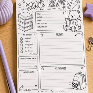 Kids Book Review Deskpad | Reading Response Worksheet | Children's Journal Activity - 50 Tear away sheets