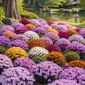 Op de afbeelding: Een dichte groep bloeiende chrysanten in tinten paars, wit, oranje, geel en dieprood. Elke plant vormt een ronde, compacte heuvel bedekt met talloze kleine, levendige bloemen, wat zorgt voor een kleurrijk bloemenlandschap.