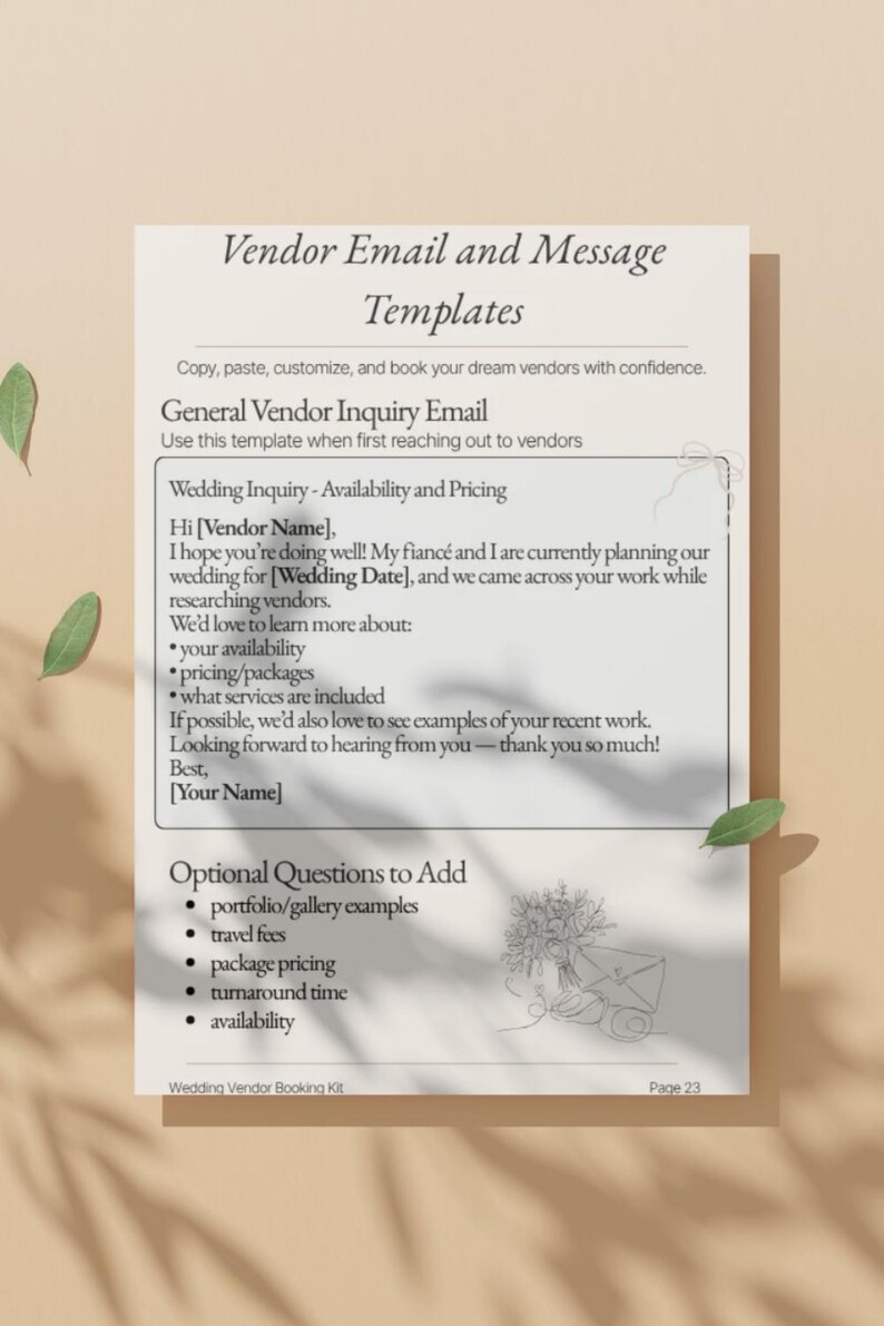 K&ouml;nnte beinhalten: Ein wei&szlig;es Dokument mit dem Titel Vendor Email and Message Templates, das eine Vorlage f&uuml;r eine allgemeine Anbieteranfrage mit Platzhaltern f&uuml;r den Anbieternamen, das Hochzeitsdatum und den Benutzernamen sowie eine Strichzeichnung von Blumen enth&auml;lt.