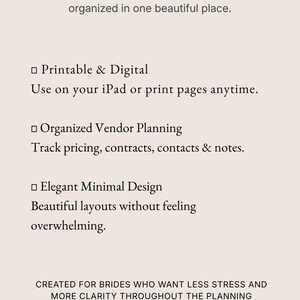 K&ouml;nnte beinhalten: Eine hellbeige Informationsgrafik mit dunkelbraunem Text. Die &Uuml;berschrift lautet WHY YOU'LL LOVE IT. Sie listet Funktionen wie Printable & Digital, Organized Vendor Planning und Elegant Minimal Design auf und endet mit CREATED FOR BRIDES WHO WANT LESS STRESS AND MORE CLARITY THROUGHOUT THE PLANNING PROCESS.