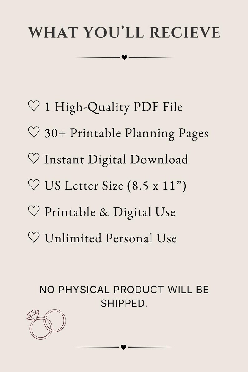 K&ouml;nnte beinhalten: Ein digitales Planungsdokument mit dem Text WHAT YOU'LL RECIEVE, 1 High-Quality PDF File, 30+ Printable Planning Pages, Instant Digital Download, US Letter Size (21,59 x 27,94 cm), Printable & Digital Use, Unlimited Personal Use, und NO PHYSICAL PRODUCT WILL BE SHIPPED.