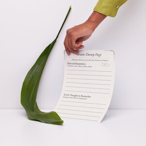K&ouml;nnte beinhalten: Ein wei&szlig;es Blatt Papier mit der &Uuml;berschrift Brain Dump Page, das Abschnitte f&uuml;r Ideas and Inspiration sowie To-Do Thoughts and Reminders und horizontale Schreiblinien enth&auml;lt. Das Papier liegt neben einem einzelnen, langen, gebogenen gr&uuml;nen Blatt.